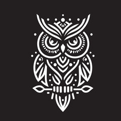 Black background with owl tattoo. Black and white illustration. Tattoo art