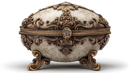 Exquisite ornate oval lidded treasure box with intricate gold scrollwork and gemstone accents on ornate legs