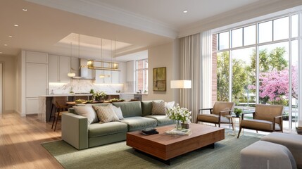 Fototapeta premium Bright, modern living space with open kitchen and large window showcasing vibrant nature