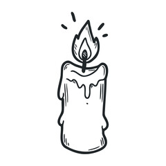 Obraz premium Hand-drawn melting candle outline with flickering flame on white background. Hand drawn vector illustration