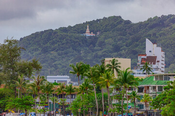 Panorama view of Patong beach with buildings Hotels and apartments and in the distance the Andaman blue sea. Patong is on the island of Phuket In Thailand.