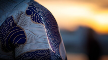 A detailed kimono sleeve with traditional dance patterns, set against a softly blurred golden sunset.
