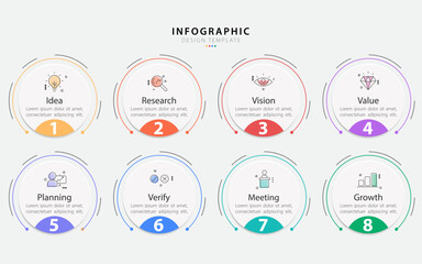 Timeline Creator infographic template. 8 Step timeline journey, calendar Flat simple infographics design template. presentation graph. Business concept with 8 options, gantt vector illustration.