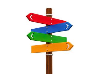 Colorful wooden directional signpost on white
