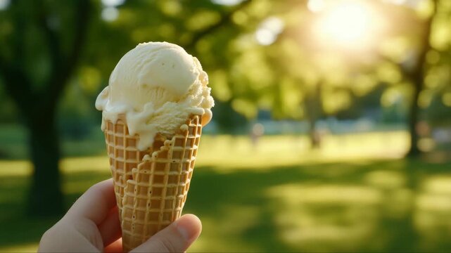 A hand holds a vanilla ice cream cone with waffle pattern in a sunlit green park. Warm light and trees in the background create a refreshing summer atmosphere. Cool and inviting.