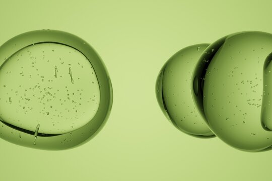 Cluster of transparent green glass spheres, isolated on plain background, abstract 3D molecules or liquid drops for science, medicine, chemistry or futuristic design illustration