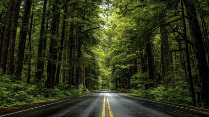 Fototapeta premium Asphalt road winds through a dense, green forest of tall, mossy trees