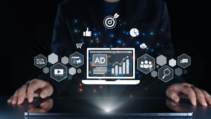 Fototapeta premium Online ads and digital marketing help brands grow. Content marketing builds engagement. Marketing tools boost ROI. Effective ads and marketing drive online business success. Elide