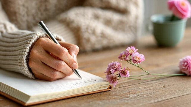Person writing in journal on wooden table amid pink flowers and warm sweater in peaceful setting