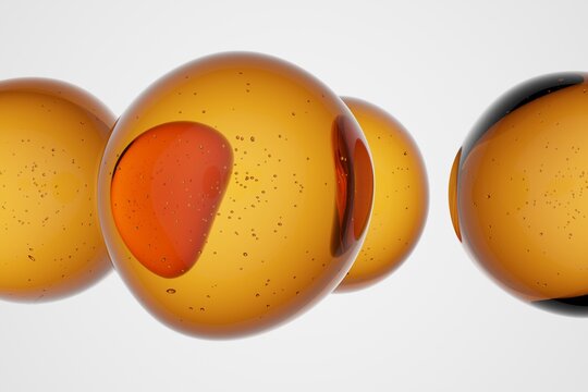 Macro shot of glossy golden spheres with visible internal bubbles, on clean white background, abstract 3D molecular or cosmetic design for science, biology, chemistry or luxury concepts