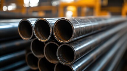 Image: A close-up of black steel pipes stacked for industrial applications, with visible welding points where joints are connected.