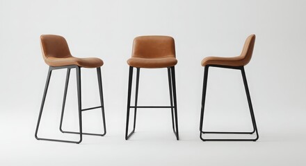 Three stylish brown leather bar stools with black metal legs on a white background