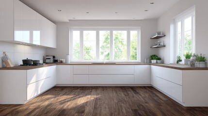 ed stylish kitchen with white walls, wooden floor, white cupboards, and built-in cooker and sink with windows above it.