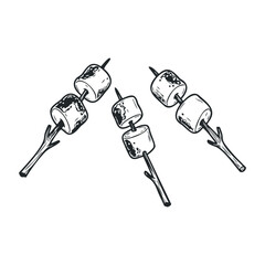 Sketched marshmallows on sticks ready for roasting. Hand drawn vector illustration