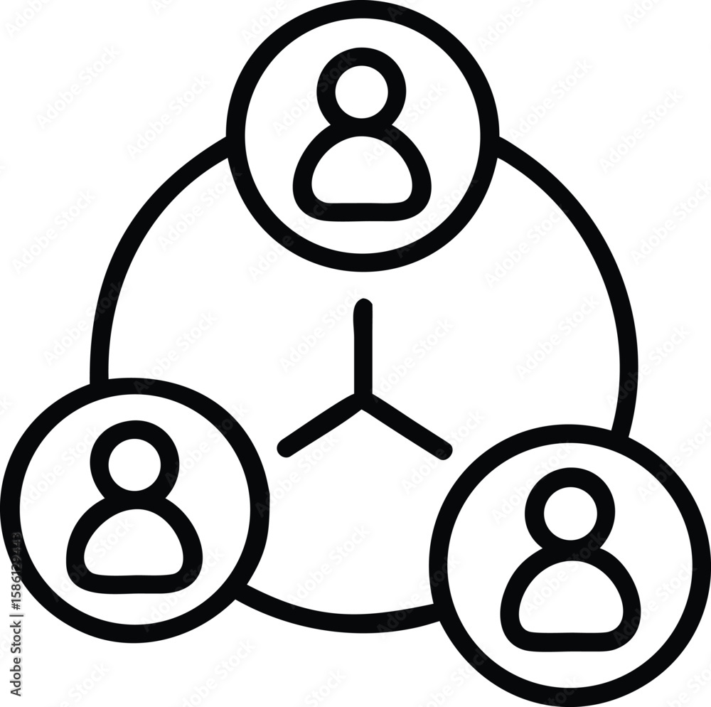 Poster teamwork line icon showing collaboration between people in a circular network