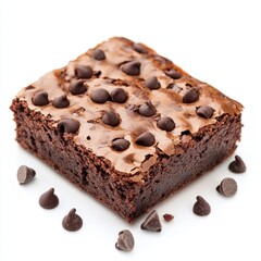 Delicious chocolate chip brownie square with scattered chips isolated on white background