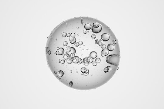 Transparent glass sphere encapsulating suspended bubbles, artistic and abstract composition, isolated on plain background, 3D molecular concept for science, biology, chemistry or futuristic design