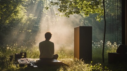 Person meditating in a sunlit forest clearing.