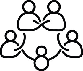 Teamwork outline icon showing collaboration between five people group connecting