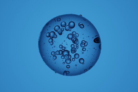 Microscopic close-up of transparent liquid bubbles suspended in clear fluid, isolated on white background, abstract scientific texture for medical, biology or chemistry concept illustration