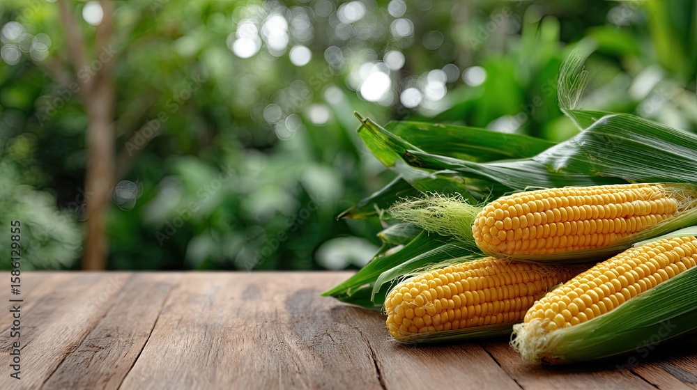 Poster corn on the cob arranged beautifully on a rustic wooden table, illuminated by bright sunlight with a