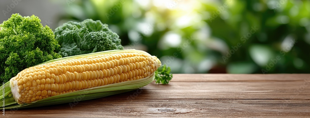 Poster corn on the cob arranged beautifully on a rustic wooden table, illuminated by bright sunlight with a