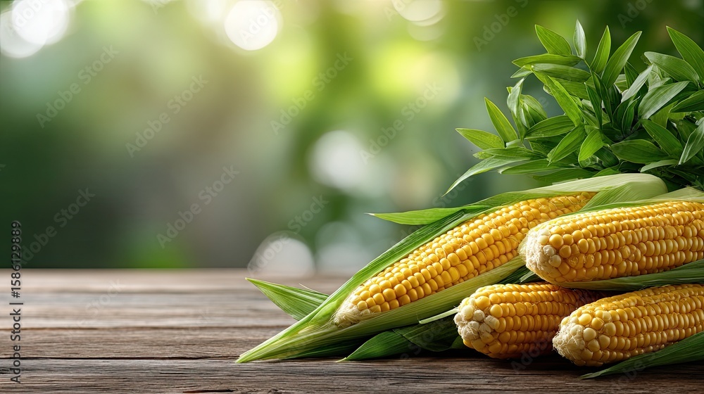 Poster corn on the cob arranged beautifully on a rustic wooden table, illuminated by bright sunlight with a
