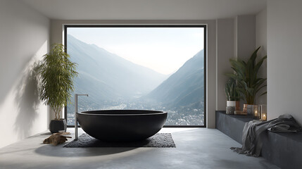 Fototapeta premium Black Wooden Bathroom with Panoramic Window