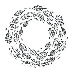 Circular pattern of oak leaves and acorns in whimsical black and white design. Hand drawn vector illustration