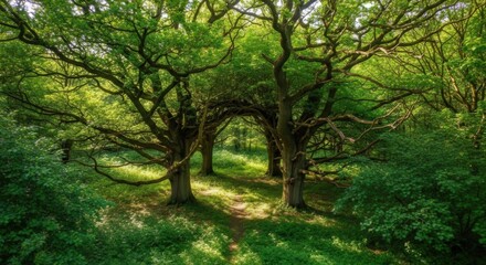 Obraz premium Ancient Oak Archway: Sunlight filters through the ancient, gnarled branches of two majestic oak trees, creating a natural archway in a verdant woodland.