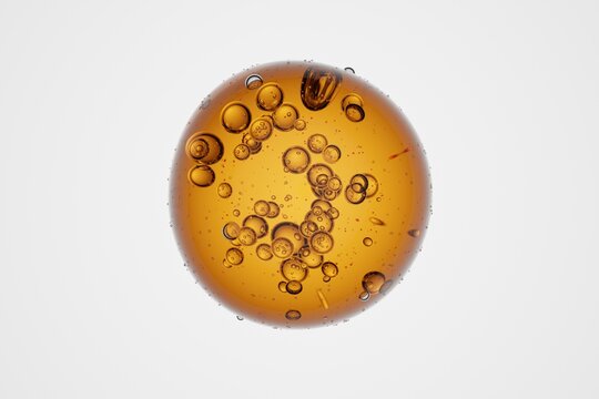 Microscopic close-up view of small bubbles in clear liquid, isolated on background, abstract texture for science, biology, chemistry, medical research or hydration concept illustrations