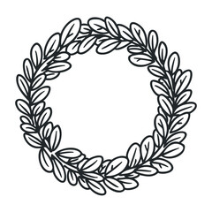 Elegant laurel wreath line art - black and white decorative circular design. Hand drawn vector illustration