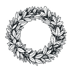 Monochrome leaf wreath design with detailed botanical elements. Hand drawn vector illustration