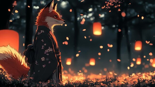 Foxhumanoid stands in kimono amidst lanterns dark forest background with orange light