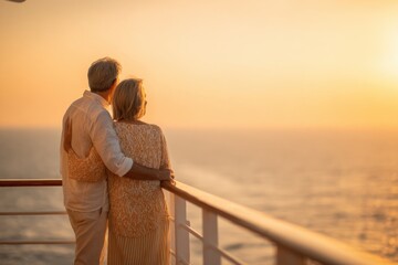 Fototapeta premium Romantic couple embracing and watching sunset over ocean from ship deck during evening.