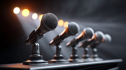 A row of microphones at a podium, illuminated by brilliant stage lights, capturing the energy of a press conference or important announcement.
