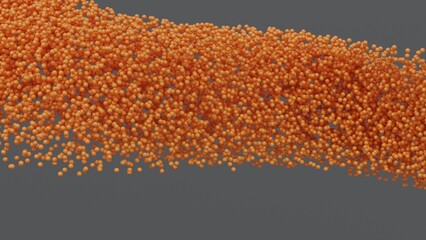 Flowing motion of glossy orange spheres in an abstract 3D particle system, dynamic simulation perfect for science, technology, energy flow, molecular structures and futuristic digital illustrations
