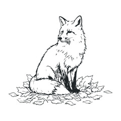 Sitting fox sketch on fall leaves: detailed outline of a fox with autumn foliage. Hand drawn vector illustration