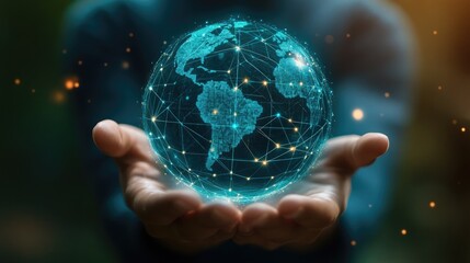 Hand holding a global data network, symbolizing connectivity.