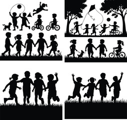 kids silhouette, children playing silhouette, child silhouette clipart, boy and girl silhouette, toddler silhouette vector, running kids silhouette, jumping child silhouette, happy kids shadow art