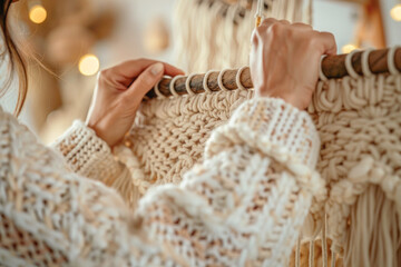 Close up of woman's hands tying macrame knots on partially finished wall hanging, visible woven pattern, natural cotton rope, soft earth, warm natural light, macrame making process, handmade, DIY.