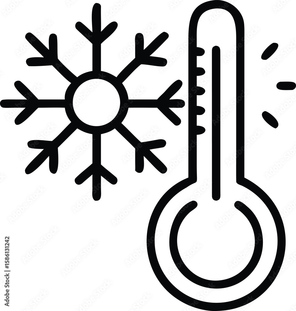 Poster thermometer near snowflake indicating cold temperature in simple line art style
