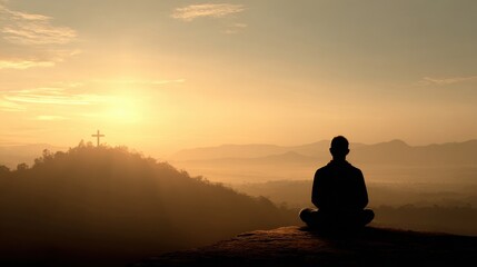 Peaceful person meditating on mountain top during sunrise with cross and scenic landscape.