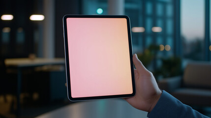 Hand holding tablet with a white screen for mock up design, UI UX
