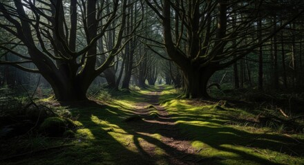 Obraz premium Mystic Forest Path: A path winds through a dense forest, illuminated by dappled sunlight filtering through the trees, evoking a sense of tranquility and mystery.