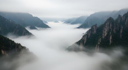 Mystical Mountain Vista: The photo captures an ethereal mountain vista shrouded in a misty fog, showcasing the grandeur of nature and evokes a sense of peace and serenity. 