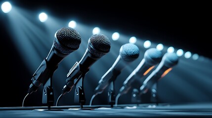 A row of microphones at a podium, illuminated by brilliant stage lights, capturing the energy of a press conference or important announcement.