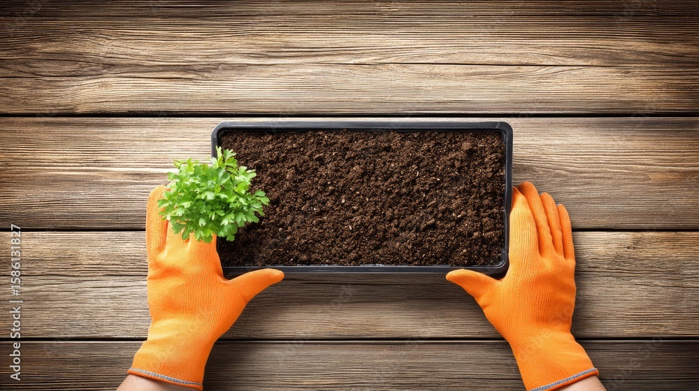 Poster hands in orange gloves pour soil into a container on a table. dark and light potting mix is being mi