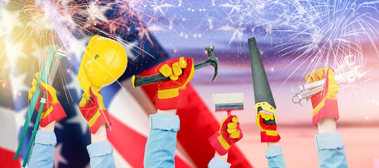 Set of hands mans workers holds different tools hammer, wrench, screwdriver, pliers against the...