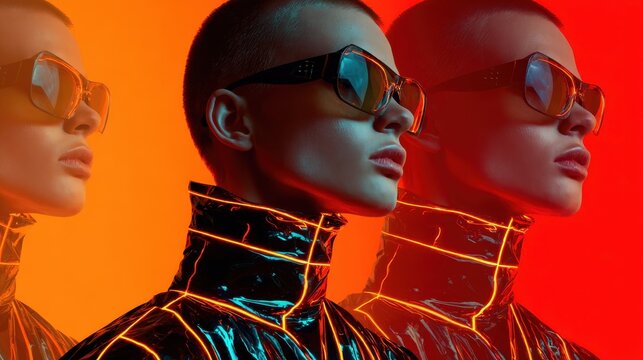 futuristic photoshoot features model in sleek reflective outfit with glowing lines, set against vibrant gradient background. model wears large sunglasses, enhancing modern aesthetic